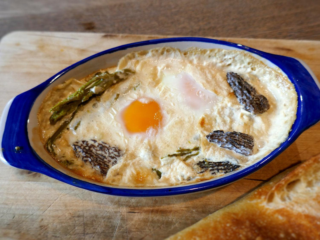 Oeuf cocotte morilles - asperges et brebis - Chef Morel